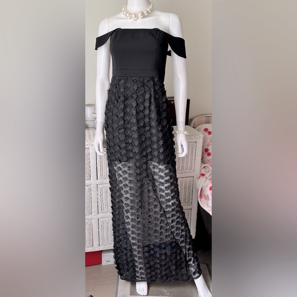 Jay Godfrey Sheer Tule Black Floral 3D Appliqué Off Shoulder Maxi Dress Size 2